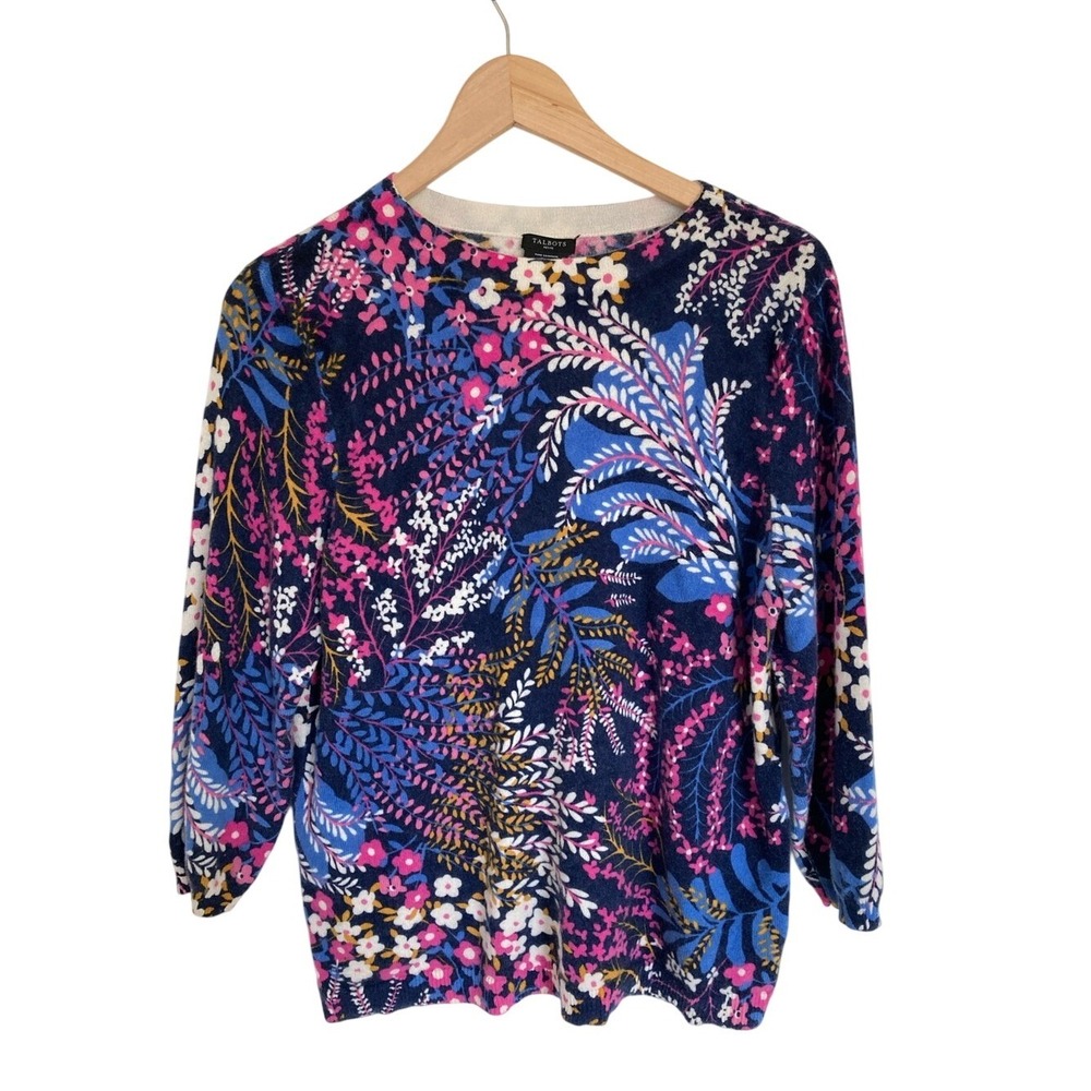 Talbots Womens Navy Floral Pure Cashmere Sweater Size XLP Lightweight Luxury